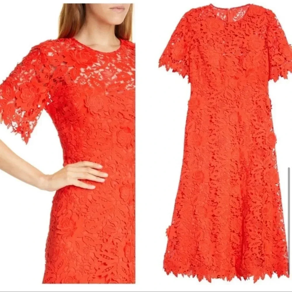 NW Lela Rose Women's Red Lace Floral‎ Guipure Flutter Sleeve Sheath Midi Dress 2